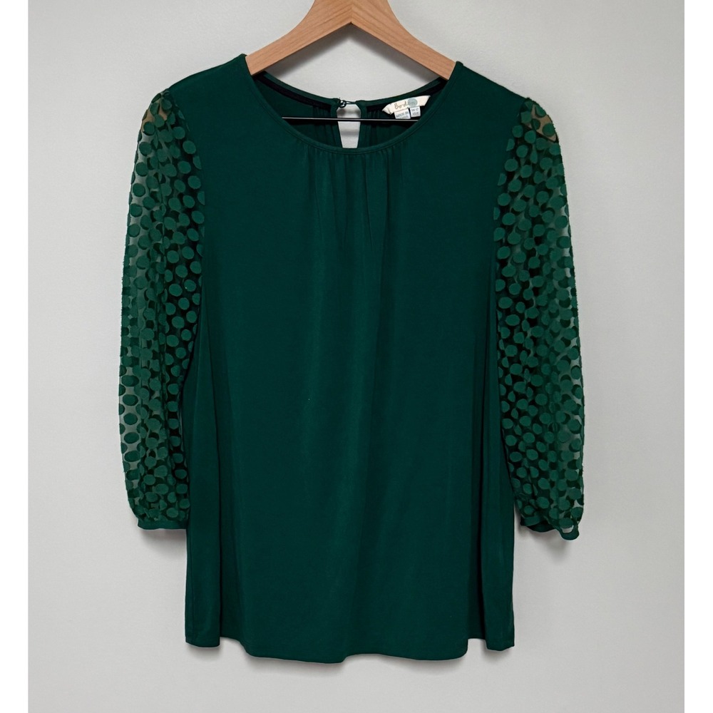 Boden Women's Polka Dot Sheer 3/4 Sleeve Jersey Blouse Top US 8 Emerald Green‎